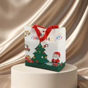 Santa Claus Xmas Tree Design Colorful Merry Christmas Canvas Tote Bag Reusable Recyclable Holiday Gifts Textile Packaging
