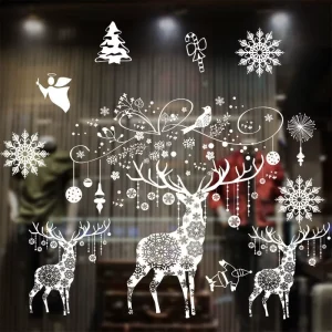Santa Reindeer Christmas Decals Xmas Party Supplies with Snowflake Window Static Cling Stickers Christmas Decorations