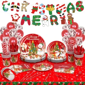 Santa Xmas Disposable Christmas Party Tableware Set Balloon Banner Tablecloth for Family Holiday Decor