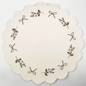 Scalloped Edge Festive Table Mats with Golden Embroidered Holly Bowknots Heatproof Non-Slip Washable for Christmas Holiday Party