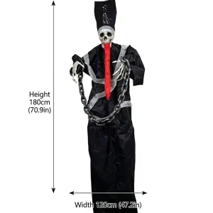 Scare Sells 6FT Life Size Hanging Halloween Skeleton Ghost Black Robe Prop Red Tongue Chains Haunted House Decor 180cm
