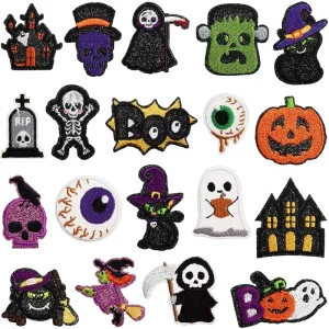 Scary Embroidered Fabric Patch Glitter Ghost Applique Cartoon Skull Computer Embroidered Badge Old Witch Halloween Clothing Bags