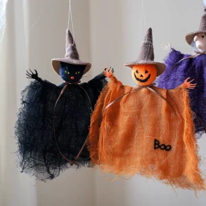 Scary Halloween Fabric Hanging Decoration Witch Pumpkins Black Kitten Ornaments Porch Mantel Garden Shelf 23x20cm Classic