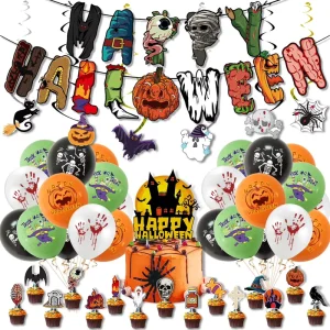Scary Halloween Party Decorations Skeleton Pumpkin Flag Cake Balloon Set Haunted House Decorations