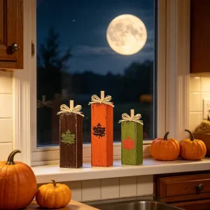 Seasonal Fall Decor Set 3 Square Wooden Maple Leaves in Earthy Tones Ideal for Harvest Season Styling
