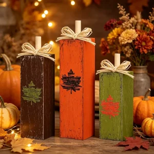Seasonal Fall Decor Set 3 Square Wooden Maple Leaves in Earthy Tones Ideal for Harvest Season Styling