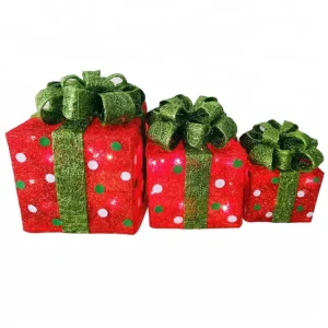 Seasonal Outdoor Yard Decor Xmas Holiday Noel Rattan Led Lighted Present Box Set Christmas Decoration