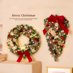 Seasonal Ribbon Bow Pinecone Decoration Artificial Christmas Swag Wreath Christmas Teardrop Swags Wreath for Wall Hanging Decor