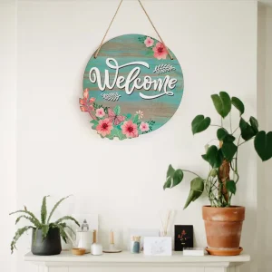 Seasonal Welcome Sign Front Door Decoration Round Wood Wreaths Wall Hanging Sign Outdoor Farmhouse Decorations
