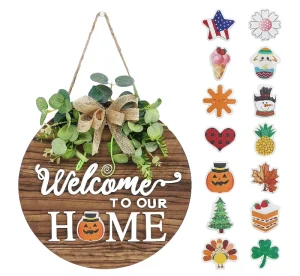 Seasonal Welcome Sign Front Door Decoration Rustic Round Wood Wreaths Wall Hanging Outdoor Holiday Halloween Christmas