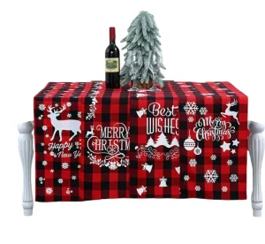 Seasonal Winter Holiday Kitchen Dining Table Decoration Christmas Table Runner with Santa Snowman Flower Cloth