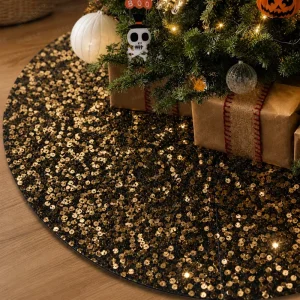 Sequin Christmas Tree Skirt 48 Inch Glitter Gold & Black Tree Base Cover for Halloween Xmas Holiday Party Decorations