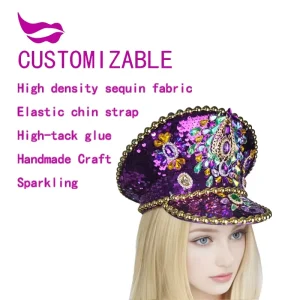 Sequin Handmade Glitter Captain Hat Festival Mardi Gras Birthday Party Supplies Rave Wear Cosplay Costume Accessory Unisex Adult