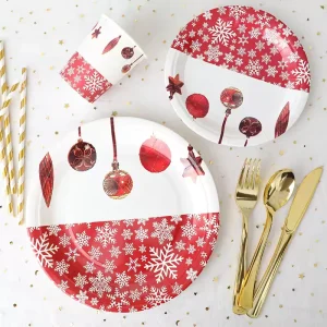 Set of 10 Disposable Tableware & Decorations 7″ & 9″ Red Christmas Ball Plates Forks Knives Spoons Cups for Parties