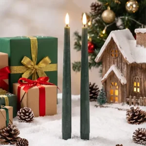 Set of 2 Long Paraffin Wax Christmas Green Flameless Taper LED Candle with 3D Real Flame