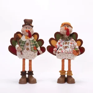 Set of 2 Plush Thanksgiving Turkey Figurines 14 Inch Standing Autumn Tabletop Decor