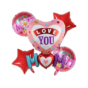 Set of 5 Red Pink Star Heart Foil Balloons I LOVE YOU Mother Helium Balloon for Happy Mothers Day Party Decorations”
