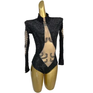 Sexy Black Rhinestone Crystal One Piece Bodysuit Women Hollow Out Birthday Party Jumpsuits Singer Dancer Rompers Show Leotard