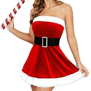 Sexy Female Halloween Santa Claus Skirt with Belt and Sleeveless Dress for Carnival Party
