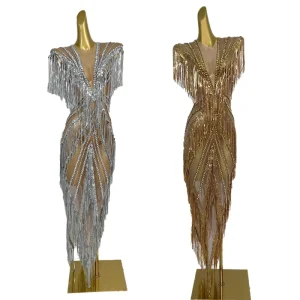Sexy Fringes Rhinestone Long Dress Ladies Birthday Prom Dinner Dress Night Club Party Celebration Bodycon Dress Women Club Wear