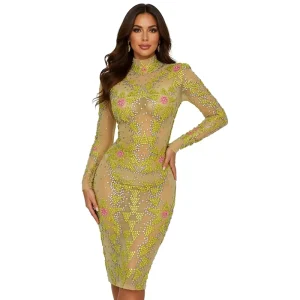 Sexy Long Sleeves Mesh Rhinestone Dress Women Night Club Party Sheath Dress Plus Size Bodycon Short Prom Evening Dress Outfit