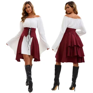 Sexy Medieval Women’s Pirate TV Movie Costume Set Off-Shoulder Flare Sleeve Red White Layered Asymmetric Polyester Dress