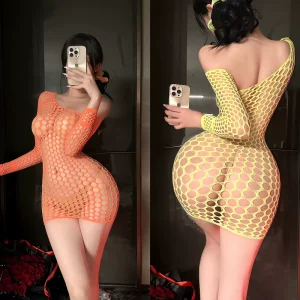 Sexy Neon Fishnet Bodystocking Women Large Hole Mesh Bodysuit Long Sleeve Sheer Body Stocking Lingerie Clubwear Party Costume