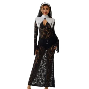 Sexy Nun Costume Black Mature Lace Long Dress Nightclub Queen Nun Outfit Cosplay Costumes