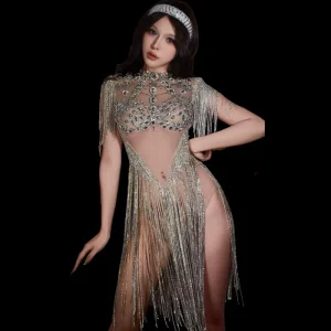 Sexy Perspective Rhinestone Chains Fringes Night Club Bodysuits Women Party One Piece Jumpsuit Pole Dance Leotard Show Outfit