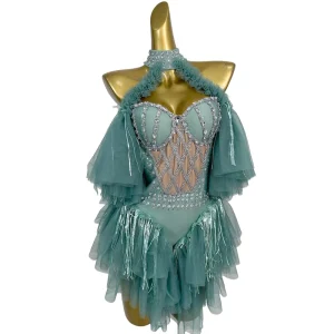Sexy Ruffles Rhinestone Bodysuit Women Backless Drag Show Leotard Cheerleaders Stage Performance Jumpsuit Gogo Dancer Costume