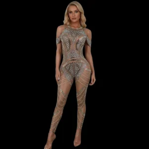Sexy See Through Sequin Pearls Rhinestone Jumpsuits Women Party One Piece Bodysuit Night Club Festival Outfit Show Dance Rompers