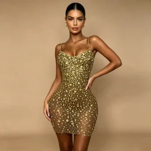 Sexy Spaghetti Strap Rhinestone Hip Wrapped Dress Ladies Prom Gown Women Cocktail Birthday Party Mini Dress Night Club Outfit