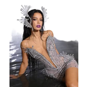Sexy Strapless Rhinestone Birthday Evening Banquet Bodycon Dress Women Deep V Neck Night Club Party Mini Dress Festival Outfit