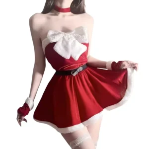 Sexy Strapless Santa Tutu Dress with Bow Choker Gloves Polyester Christmas Photoshoot Club Theme Roleplay Outfit