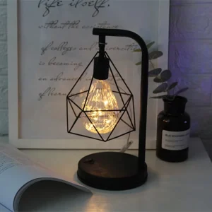 Shape Metal Cage Table Lamp Cordless Night Light with LED Decor for Bedroom Metal Lantern