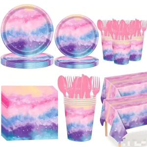 Shining Rainbow Clouds Theme Disposable Tableware Kits Tablecloth Dinner Plates for Girl Birthday Valentine’s Day Party Decor