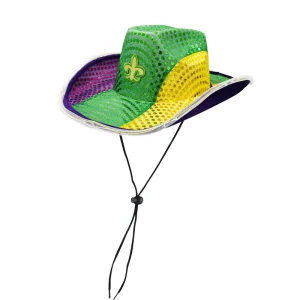 Shiny Sequin Purple Green and Gold Color LED Light UP Mardi Gras Cowboy Dress Up Costume Accessory Hat