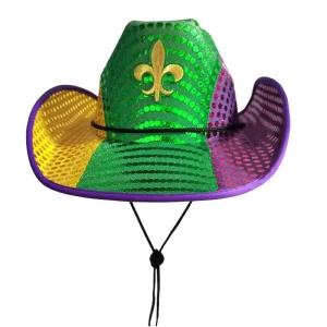 Shiny Sequin Purple Green and Gold Color LED Light-Up Mardi Gras Cowboy Dress-Up Costume Accessory Hat
