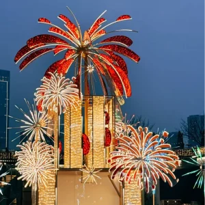Shopping Mall Hotel Decoration Exterior 3D Walk Gift Box Motif Light Iron Tree Sculpture LED Commercial Ramadan Thanksgiving