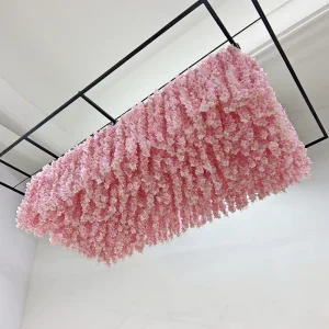 Silk Flowers 5D Pink Branch Plastic Hanging Plant for Hotel, Wedding, Cafe, Wall and Ceiling Decoration