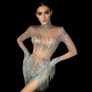Silver Gold Fringes Rhinestone Mini Dress Ladies Night Club Party Tassel Dress Birthday Prom Dress Women Show Dancer Costume