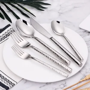 Silver Heavy Cutlery Stainless Steel 304 Tableware Gold Western Dinner Set Mirror Hammer Pattern Handle Knife Fork Spoon