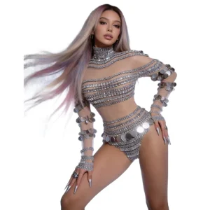 Silver Long Sleeves Sequin Rhinestone One Piece Bodysuit Women Gogo Dancer Leotard Stage Performance Jumpsuits Festival Outfit
