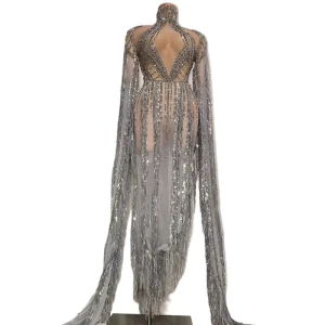 Silver See Through Rhinestone Tassel Evening Banquet Long Dress Women Floor Length Formal Party Celebration Performance Dress