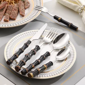 Silverware Set Bamboo Handle Flatware Set Stainless Steel Cutlery Set Bamboo Forks Spoons and Knives Set