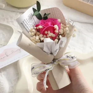 Single Rose Carnation Baby’s Breath Mini Dried Everlasting Flower Bouquet for Valentine’s Day and Holiday Decor