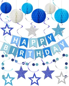 Sky Blue Eco friendly Happy Birthday Paper Honeycomb Balls Stars Hanging Swirl Streamers Dots Garland for Men Women Boys Girls