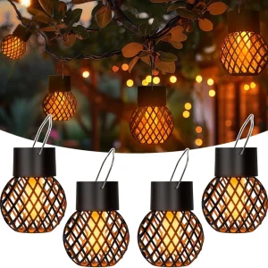 Small Outdoor Solar Hanging Ball Flame Light IP65 LED Garden Chandelier for Courtyard Atmosphere Hollow Hanging Branch Design