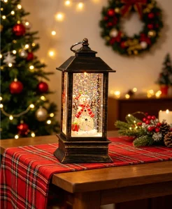 Snowman Christmas Snow Globe Lantern Bronze Frame Swirling Glitter LED Ornament Indoor Use Portable
