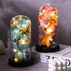 Soap Rose Flowers Acrylic Glass Cover LED Artificial Soap Rose Bouquet in Glass Dome for Valentine’s Day Gift